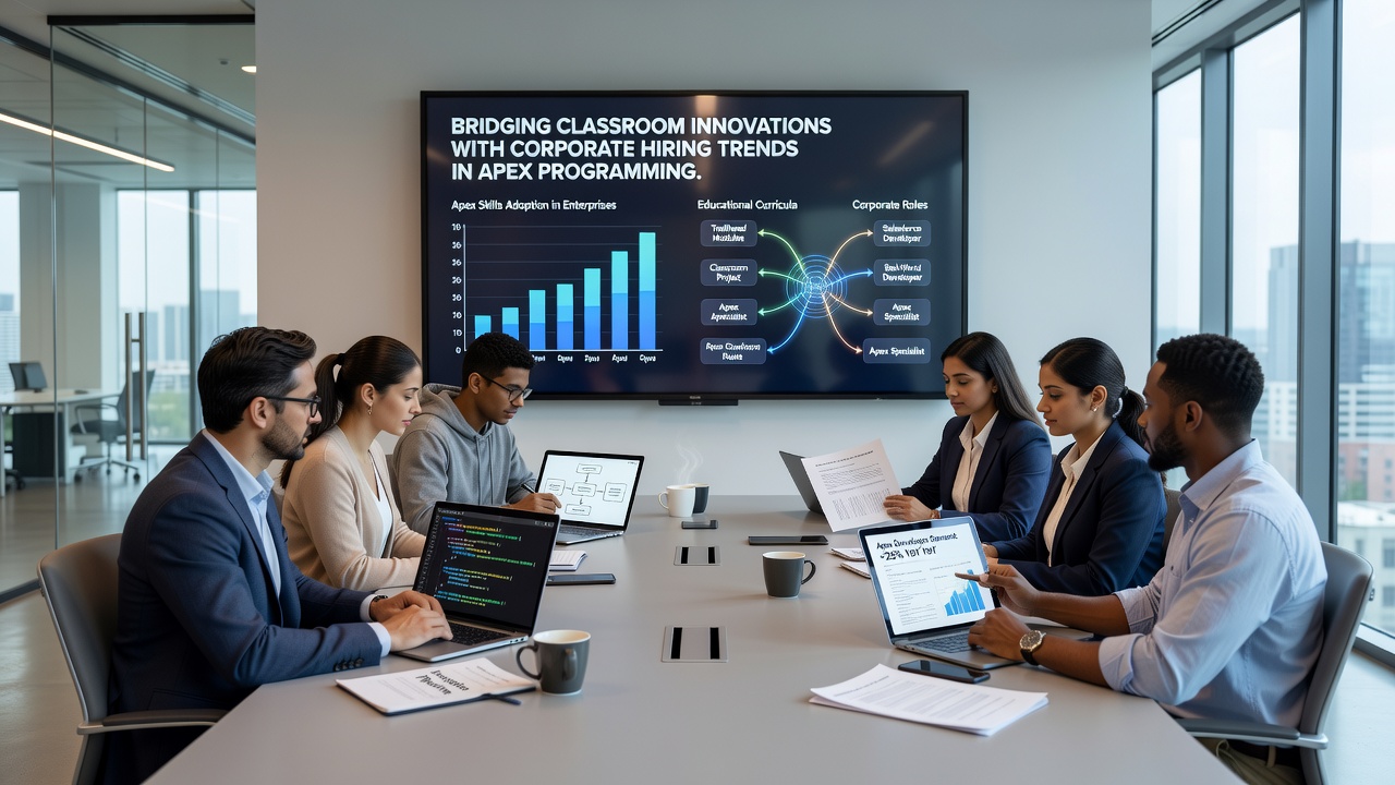 Corporate hiring manager reviewing Apex programming portfolios during a technical interview session