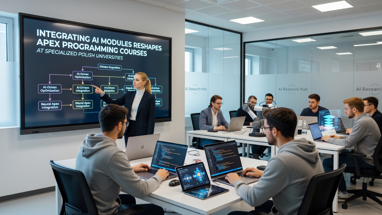 Instructor demonstrating AI-assisted Apex code analysis during a workshop at a Polish technical institution